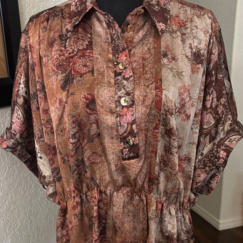 Zara Floral Satin Crop Blouse in Mustard and Pink - Picture 5 of 7